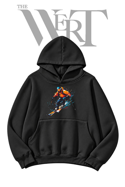 THEWERT سويت شيرت أسود بغطاء للرأس مطبوع عليه تصميم "Ski Art" (خيطان).