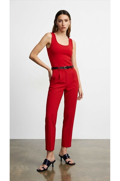 Quzu Women's Red Belt Detail Pants