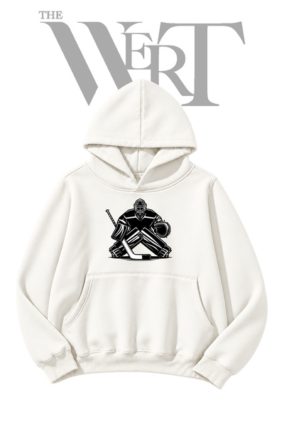 THEWERT White Hooded Sweatshirt with Front Hockey Goalie Print (2-Ply)