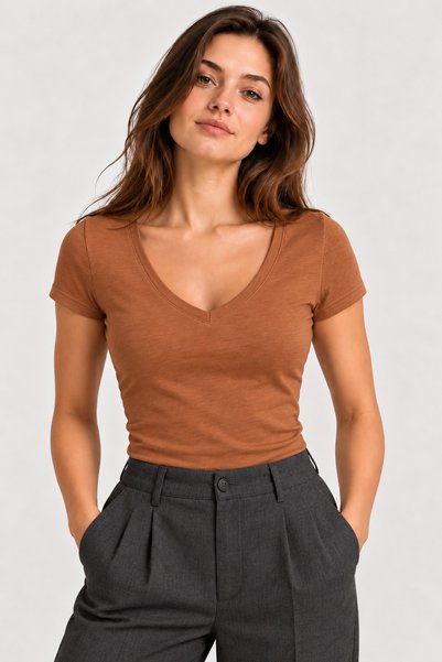 PROLET Women's 100% Cotton V-Neck Short-Sleeve Basic T-Shirt - Dark Brown