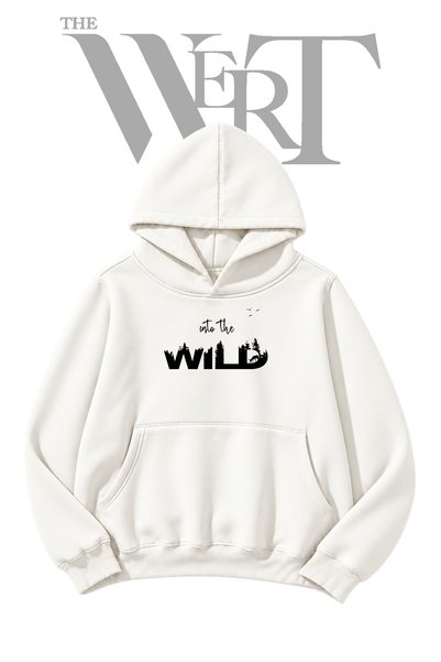 THEWERT سويت شيرت أبيض بغطاء للرأس، مطبوع عليه تصميم "Into The Wild" (خيطان).