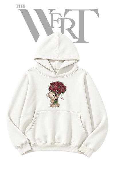 THEWERT White Hooded Sweatshirt with "Little Bear Red Rose" Pre-Printed Desig...