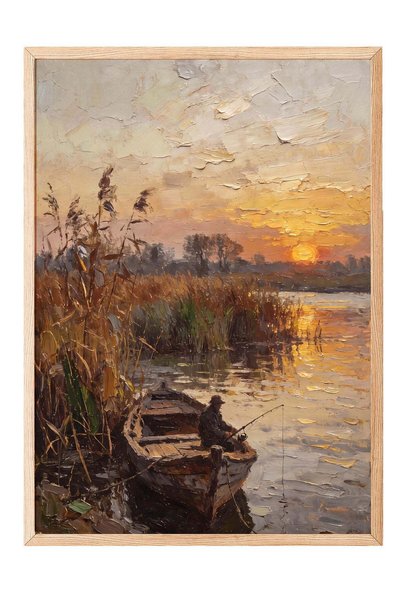 Postifull "Fisherman and Landscape at Sunset" Poster – Wood-Framed Artwork No...