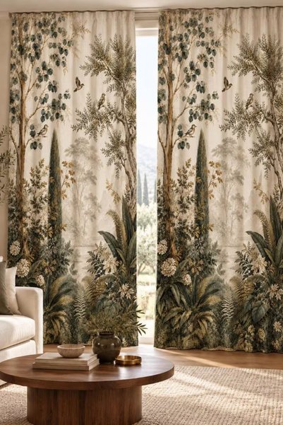 Hanna Home Bej Yeşil Kuşlu Botanik Desenli Kadife Görünümlü Salon Fon Perde T...