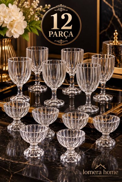 Lomera Home 12 Parça Kristal Desenli Kahve Yanı Su Bardağı ve Lokumluk Seti –...