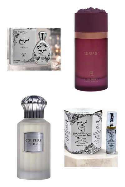 MARYAM سيلفر، عطر Mosaic & Couture Noir 100 مل × 3 وعطر Attar 6 مل × 6 – مجمو...