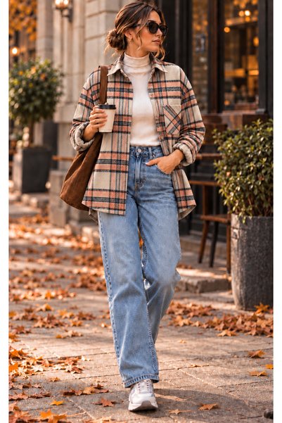 DIGOBRAS Kadın Oversize Ekose Oduncu Gömlek