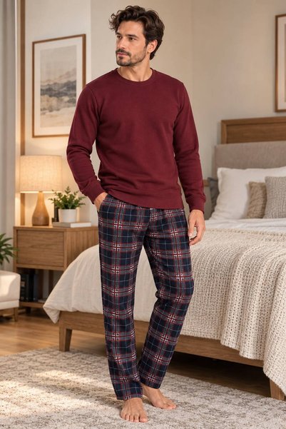 Jiber Erkek Pijama Üstü Bisiklet Yaka Uzun Kollu Rahat Kesim