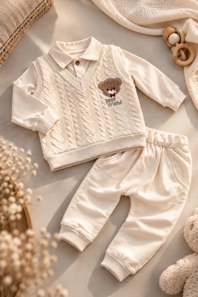 Tuğra Bebe طقم سترة مطرزة برسومات دب صغير للأطفال الرضع – يتكون من قميص بياقة...