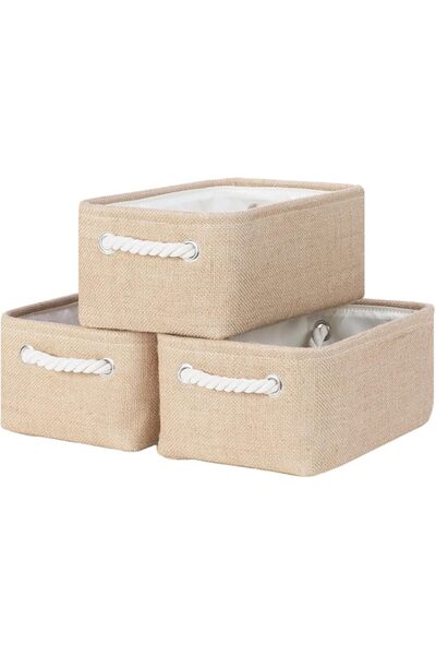TERRIFI 3 Pack Small Fabric Storage Baskets, Linen Storage Bins for Shelves C...