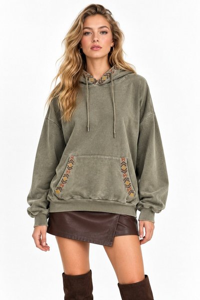 Saade Haki Etnik Desen Şeritli 3 İplik Şardonsuz Kapüşonlu Sweatshirt