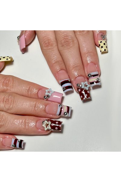 Choice As shown 24pcs Y2K Sweet Stars Press On Nails Blue Brown Stripes Frenc...