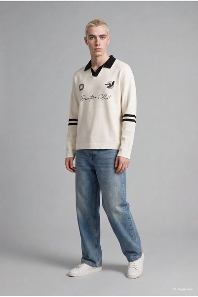 DeFacto Relaxed Fit Polo Collar Embroidered Striped Knit Sweater I2290AX26WN