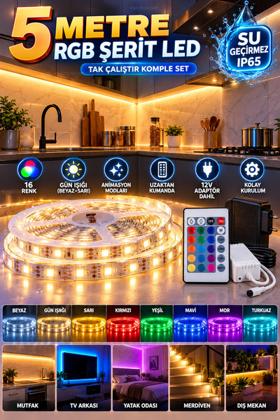 nelerbulurum Ultra Kaliteli 5 Metre RGB Şerit LED 3 Çipli Su Geçirmez Silikon...