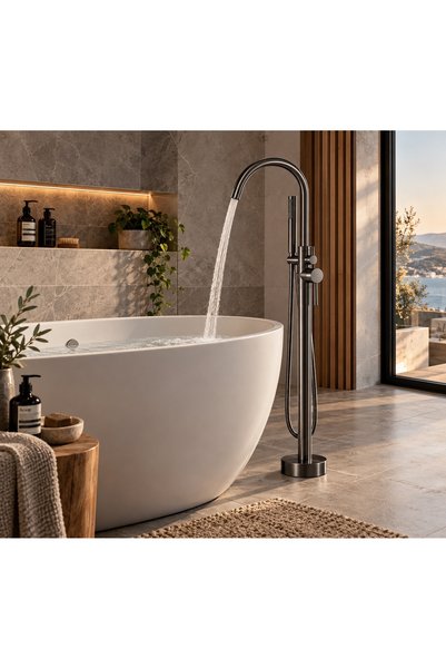 ALFAS حنفية حوض استحمام موناكو، تصميم دائري، تثبت على الأرض، مع دش يدوي، مصنو...
