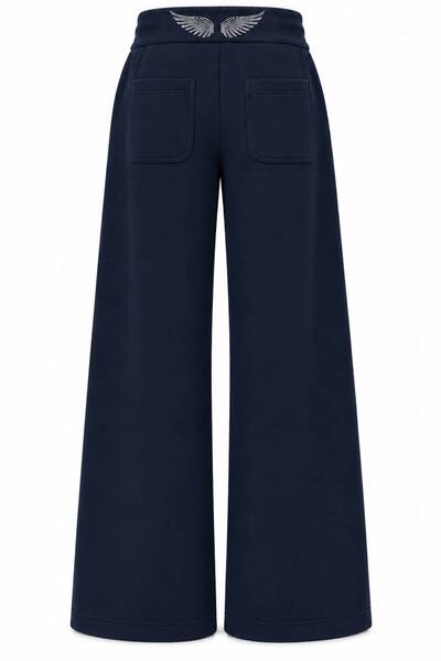 Mad&Calf Women's Wing Stone-Printed Curved-Hem Fleece-Lined Wide-Leg Sweatpants