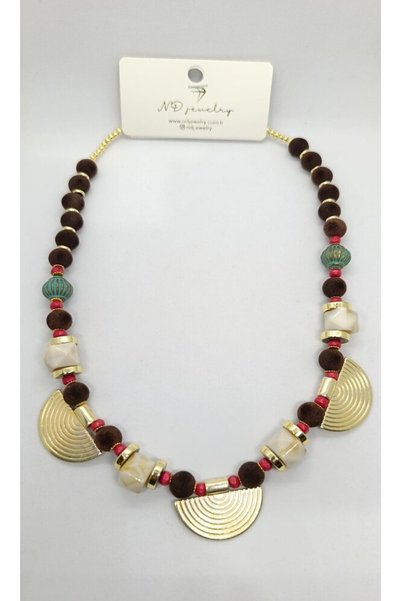 ndjewelry Bohem Gold Half-Circle Brown Bead Necklace with Detailed Sleeve Detail