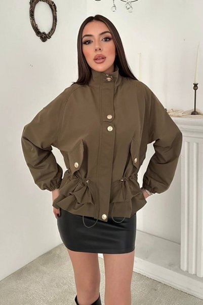 Elbee Fashion Woman Khaki Jacket with Snap-Fastened Details