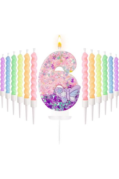 jaffiust Number 6 Birthday Candles with Purple Butterfly 12Pcs Macaron Spiral...