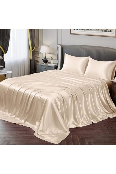 GENERAL Fontei Soft Silky Satin Full Size Bed Sheet Set, Beige Amber, 1 X Fit...