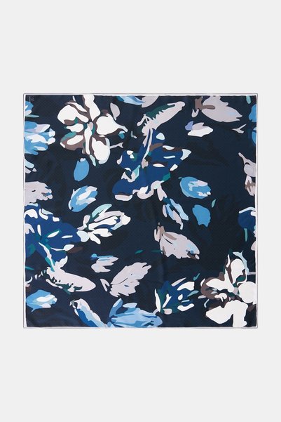 Kayra Abstract Floral Print Silk Twill Scarf, Navy Blue