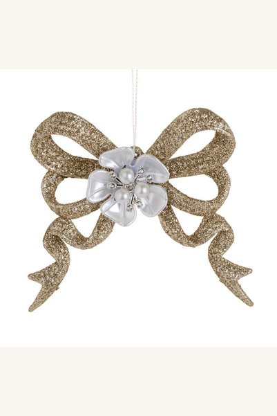 Comerivo Fundita bej cu glitter si margele albe, ornament de brad pentru Crac...