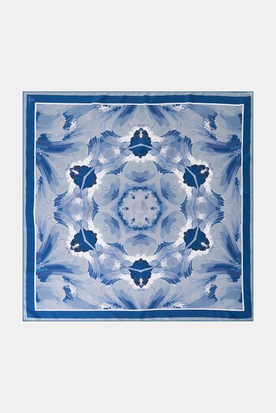 Kayra Indigo Silk Twill Scarf with Ebru Effect