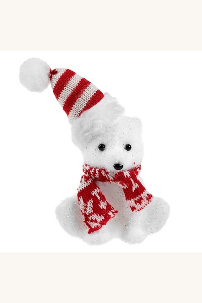 Comerivo Ursulet alb din spuma cu fular si caciula rosie, ornament de brad 18cm