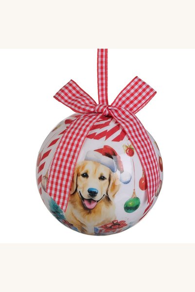 Comerivo Glob de Craciun cu catel vesel si panglica rosie in carouri, pentru ...