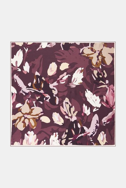 Kayra Abstraktes Blumenmuster, Seidenschal aus Twill, Pflaumenfarben.