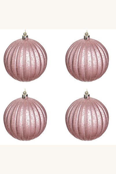 Comerivo Set 4 globuri de Craciun roz mat cu efect mercury si dungi sclipicio...