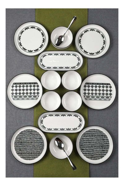 Noon East 14 Piece Porcelain Breakfast Set | Serves 6 | 6 Salad Plates, 2 Ova...