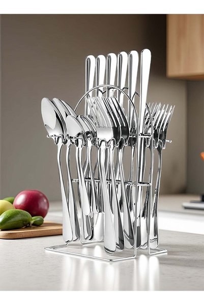 wowofa 24 Piece Silver Stainless Steel Cutlery Set with Stand for 6 People, D...
