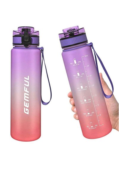 GEMFUL Water Bottle, 1L, Tritan – Motivational with Time Marker & Straw for S...