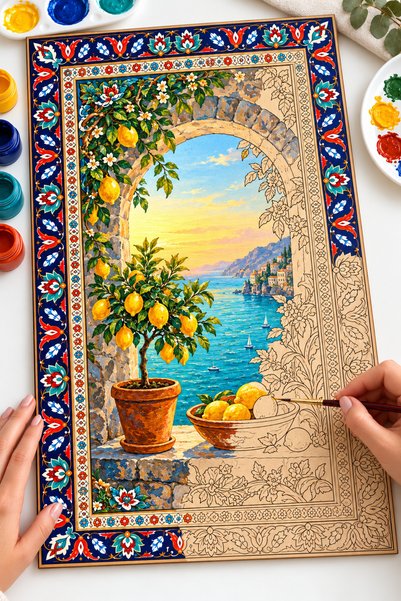 TOTTERİQ Deniz manzaralı İznik Çini Desenli Limon Ağacı Ahşap Boyama Tablosu ...