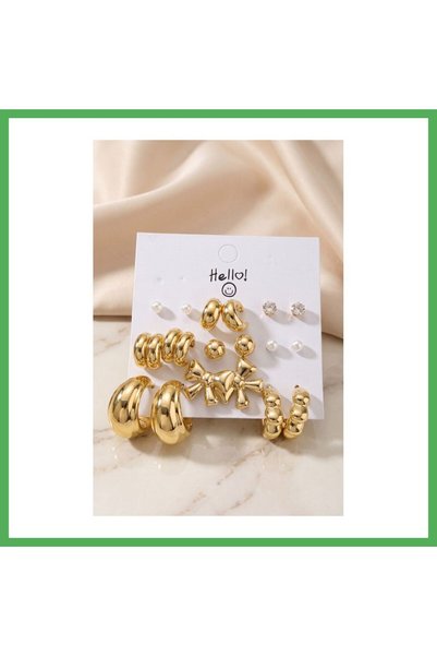 Nur store Çanta Gold-Toned Metallic-Plated CCB 9-Pair Earring Set with Bow De...