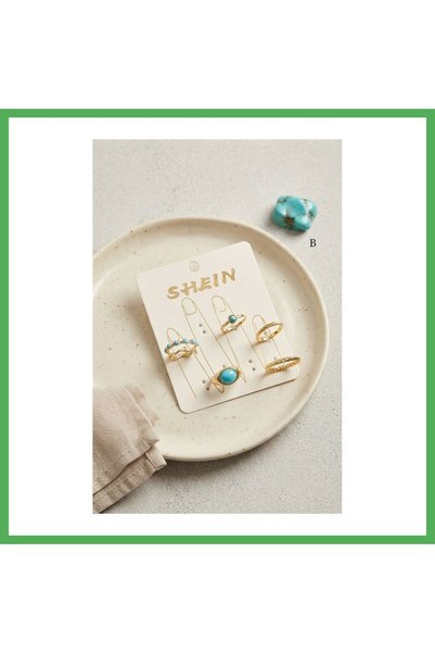 Nur store Çanta Gold-Toned Brass Bohemian Ring Set with Blue Stone Embellishm...