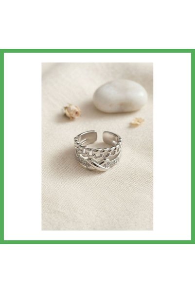 Nur store Çanta Adjustable Silver-Colored Ring with Chain Detail and Knot Det...