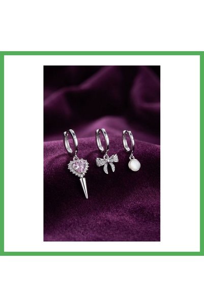Nur store Çanta Silver-Toned Earrings with 3 Zircon Stones BEZOSS