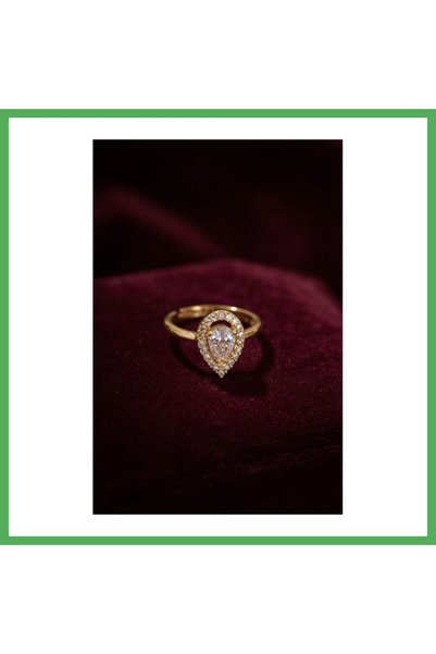 Nur store Çanta Adjustable Gold-Tone Metal Teardrop-Shaped Ring with Zircon S...