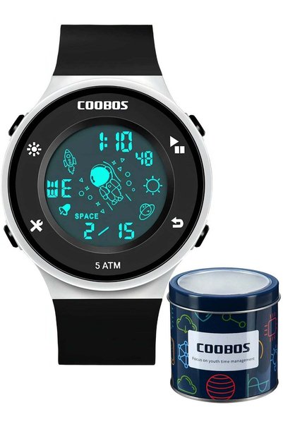 Coobos ساعة رقمية للأطفال، مقاومة للماء، مصنوعة من المطاط، باللونين الأسود وا...