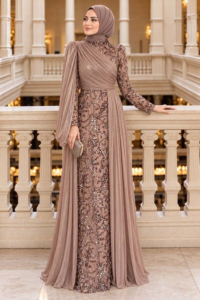 N.S NEVA STYLE Asymmetrical Draped, Beaded, Sparkly Biscuit-Colored Modest Ev...