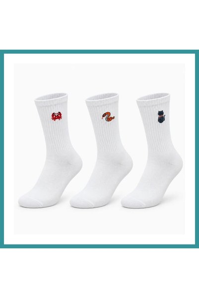 Generic Brand UNISEX Socks, White, embroidered with Animal Patterns, 3-Pack, ...