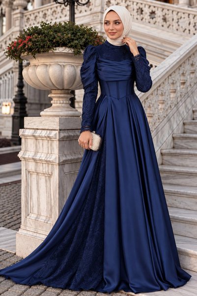 N.S NEVA STYLE Navy Blue Modest Evening Gown with Lace and Draped Design, Siz...