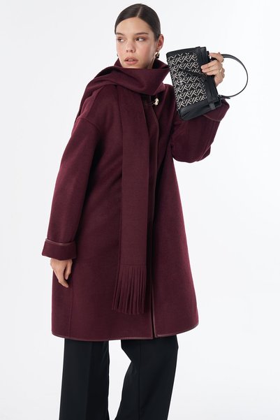 Kayra Shepherd-Style Buttoned Wool Coat, Burgundy