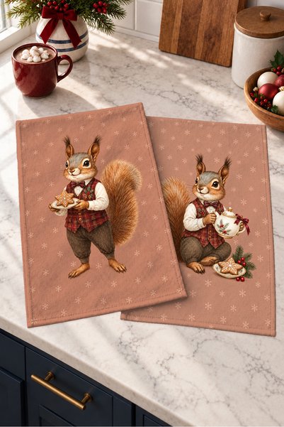 Evmila Cocoa Squirrel: Squirrel and Cookie Terracotta Color Digital Print 2-P...