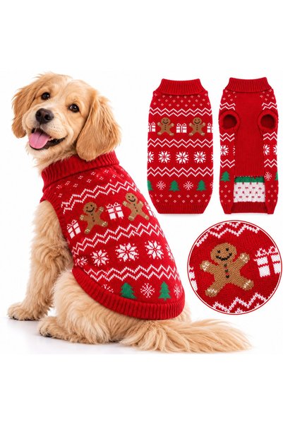 IRO Christmas Sweater for Dogs and Cats, Red, Gingerbread Model with Gingerbr...