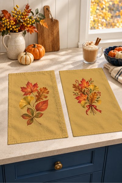 Evmila Maple Whispers Leaf and Branch Mustard Yellow Pattern Digitally Printe...