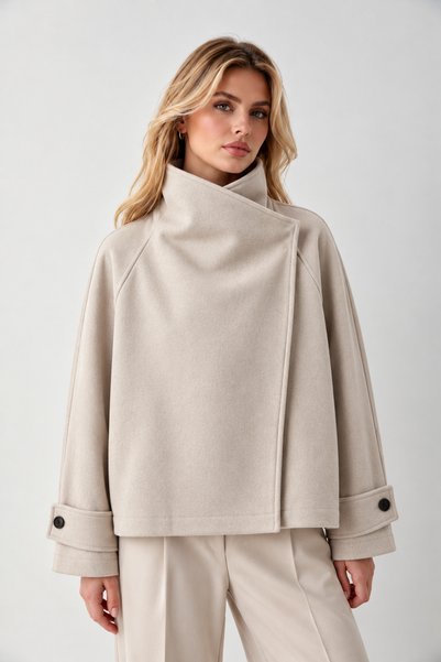 MERİDE SHORT MOCK NECK MELTON COAT - 9866-Standard Size - Beige