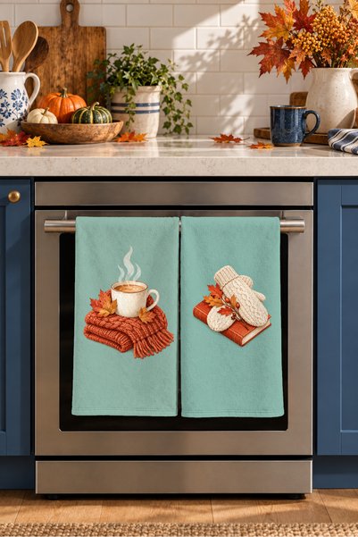 Evmila Cozy Autumn Coffee and Gloves Mint Green Patterned Digitally Printed 2...